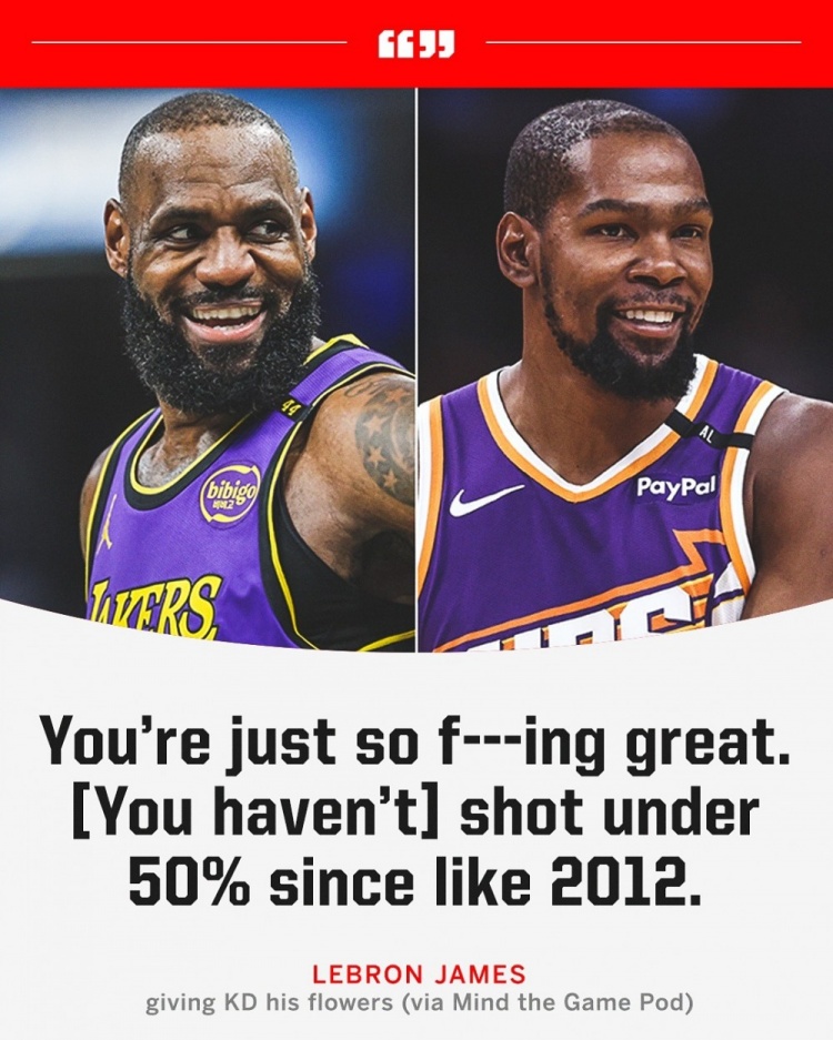 詹姆斯:杜兰特你太TMD强了 自2012年后你的命中率就没低过50%